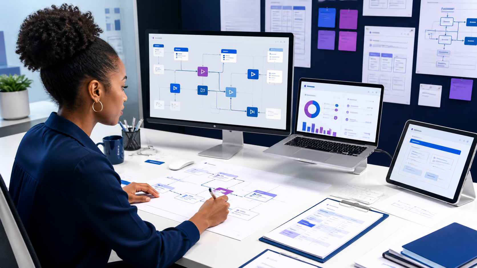 Learner designing a digital operations workflow with automation and reporting screens