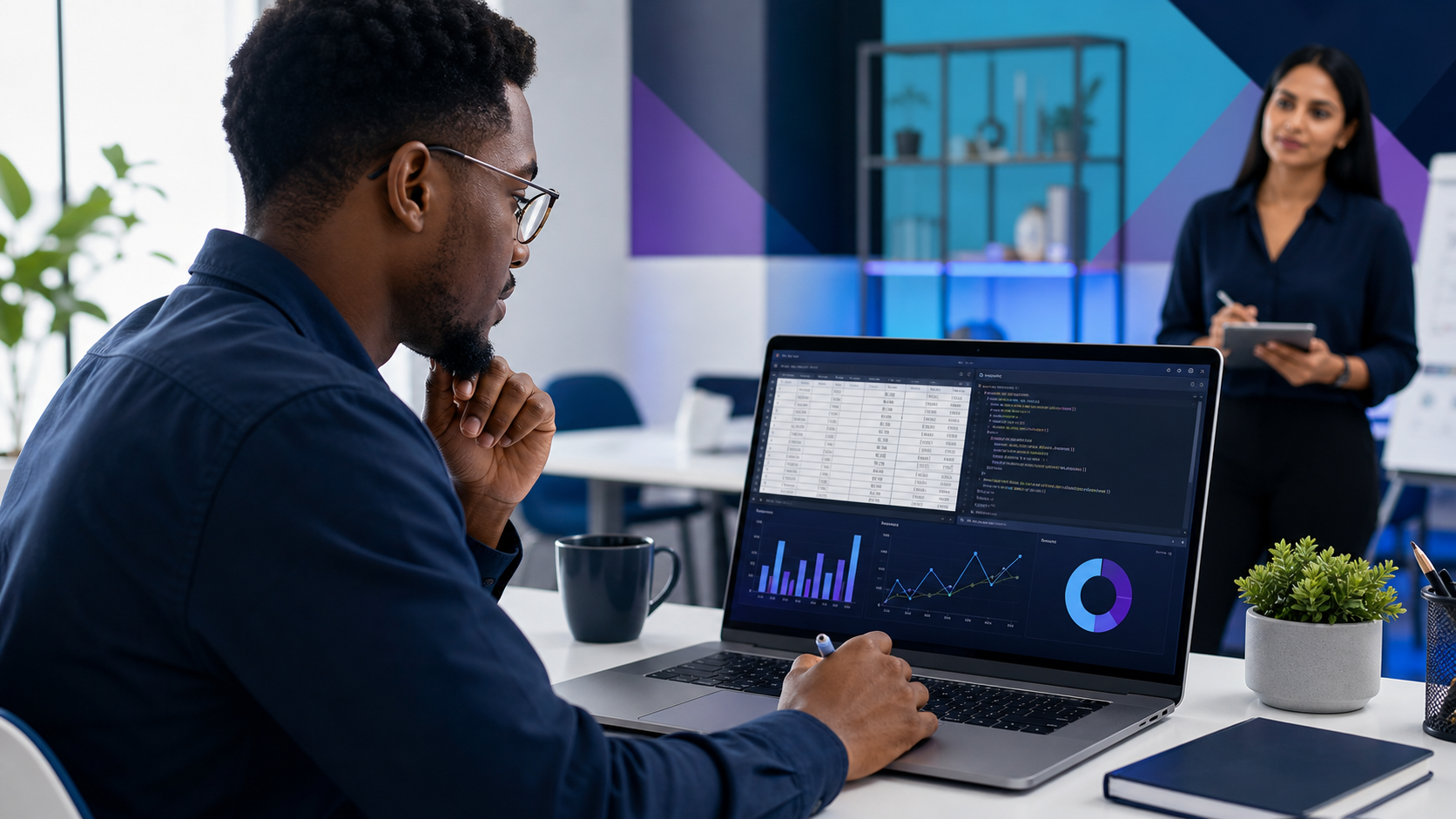 Learner analysing spreadsheets, SQL, and dashboard charts during data analyst training