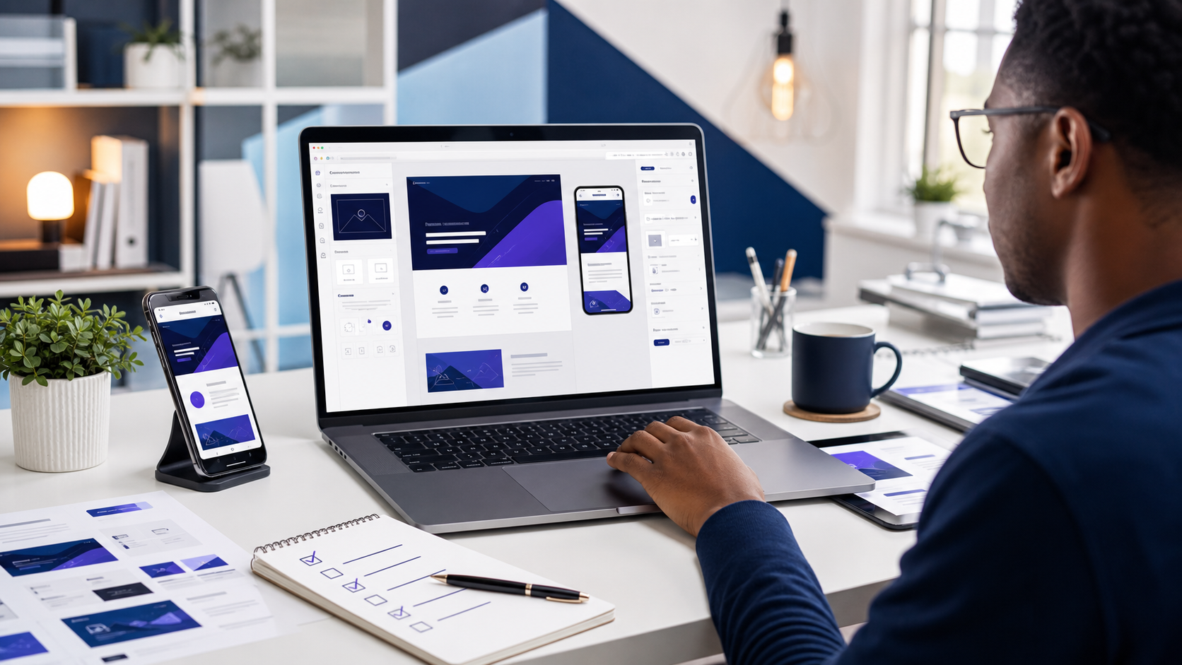 Learner building a responsive no-code website and landing page on a laptop