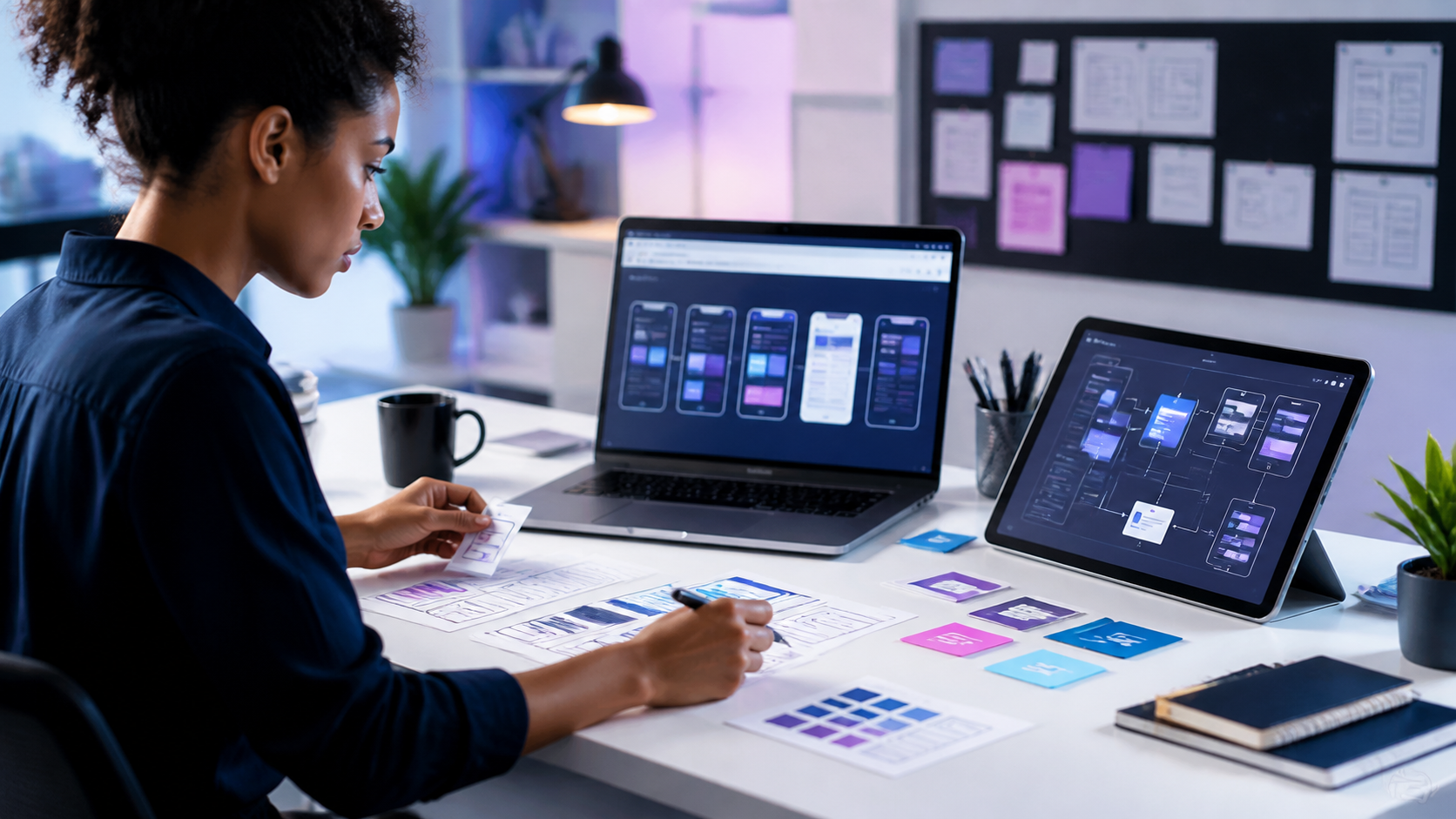 Learner designing UX and UI screens with wireframes and prototype layouts