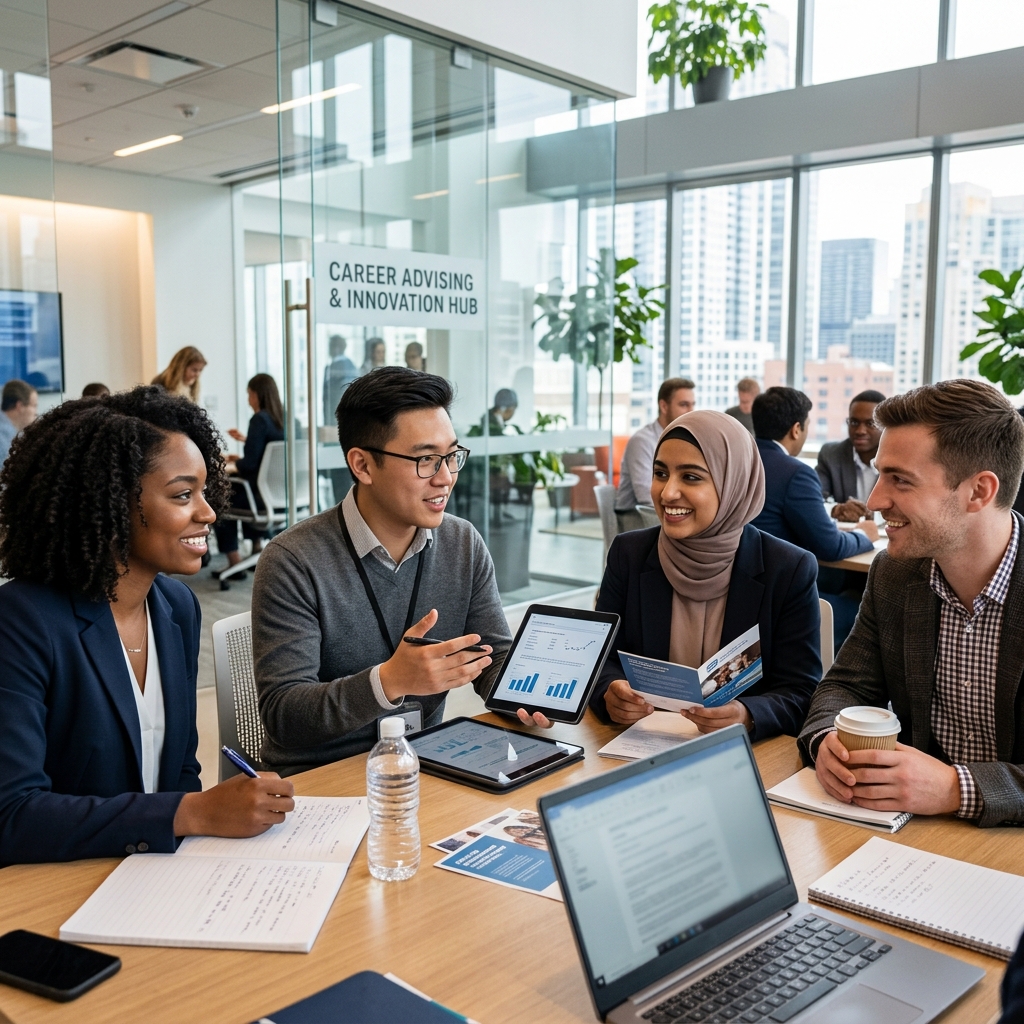 Diverse group of graduates or job seekers in a modern professional setting